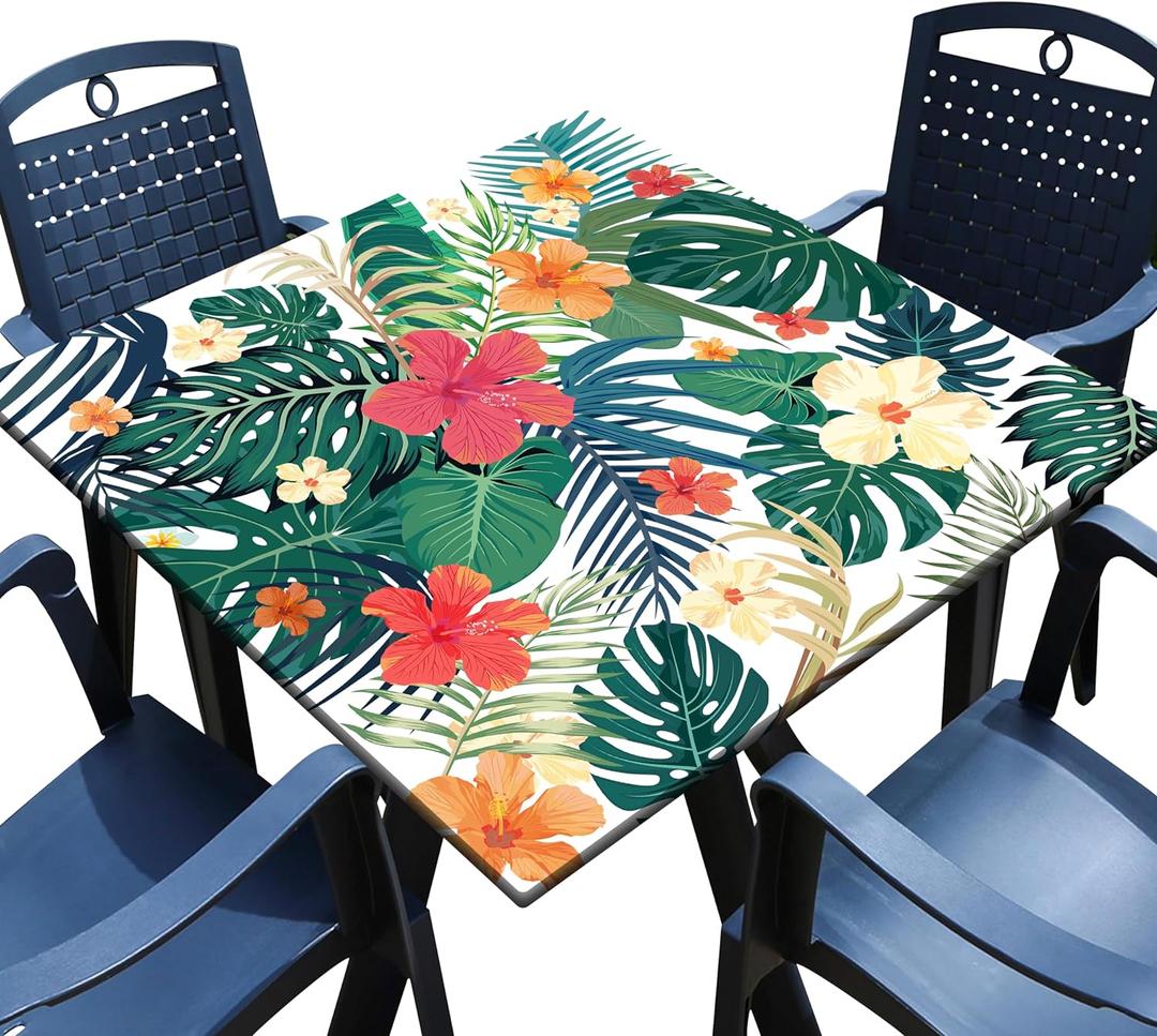 Square Fitted Tablecloth with Elastic Edge Tropical Palm Leaves Card Table Cover Outdoor Square Wipeable Card Table Tablecloth for Indoor Kitchen Decor (34" x 34" (Square))