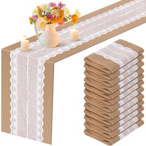 12 Pack Lace Burlap Table Runner Rustic Natural Jute 12 x 72 Inch Farmhouse Hessian Table Cloth for Vintage Country Wedding Birthday Thanksgiving Christmas Party(Plants Texture)