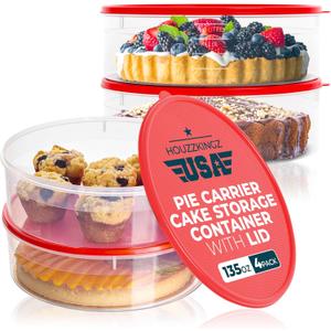 4 Pack Pie Carrier Cake Storage Container with Lid | 10.5" Large Round Plastic Cupcake Cheesecake Muffin Flan Cookie Tortilla Holder Storage Containers Airtight | Pie Keeper Transport Container
