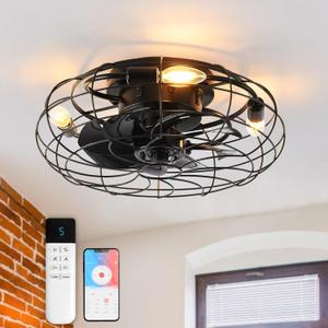 17.8" Low Profile Ceiling Fan with Light Remote Control, E26 Caged Ceiling Fan with Lights, Industrial Ceiling Fans Flush Mount, 6 Speeds Enclosed Bladeless Ceiling Fan