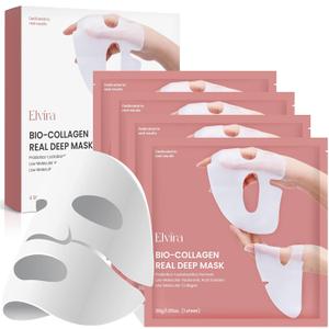 Elvira Bio-Collagen Face Mask - Deep Hydrating Overnight Face Mask, Korean Skincare, Facial Treatments & Masks for Women - Firming and Moisturizing, 4-Pack (White)