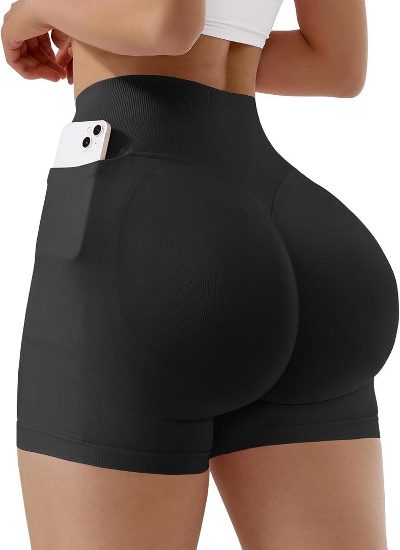 POWERASIA Workout Impact Shorts Hidden Scrunch Butt Lifting Gym Booty Biker Shorts for Women Tummy Control (Black, L)