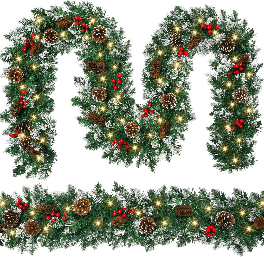 9 FT Christmas Garland with Lights,Battery Operated Lighted Garland with Pine Cones Red Berries Lush Branches,50 LED Lights 8 Modes,Christmas Decor Mantle Fireplace Indoor Outdoor Home