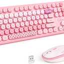 MOFII Wireless Keyboard and Mouse Combo, Full Size 2.4G Plug and Play Typewriter Retro Round Computer Keyboard and Mouse Set for Windows, Computer, Desktop, PC, Notebook - (Pink Colorful)