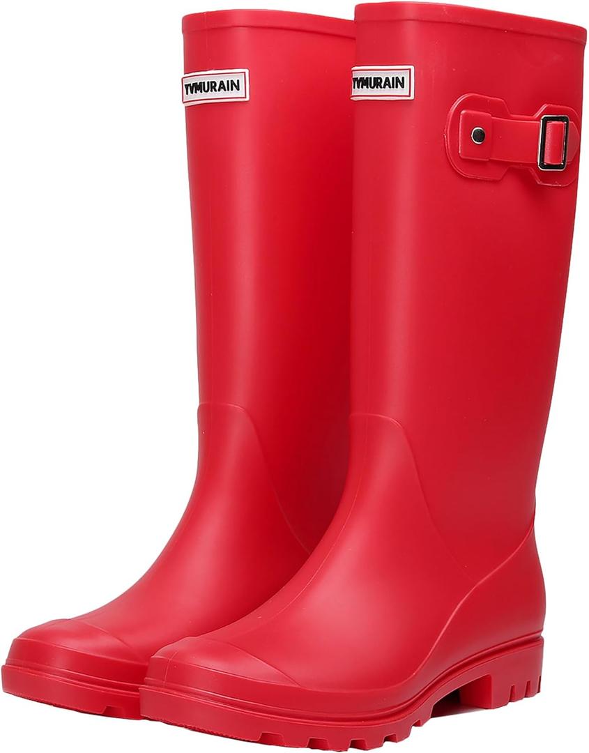 Rain Boots for Women Waterproof Garden Shoes Non-Slip Knee-high Mud boots Ladies Tall Rubber Boots Lightweight Outdoor Work Booties (8, Red)