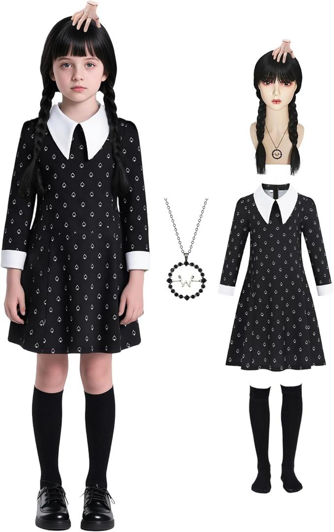 Black Dress for Women Kids Halloween Costume with Accessories Wig Necklace (120 (5-6 Years), Girls Printed Dress)