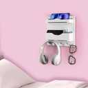 Bedside Wall Shelf with Glasses Hooks Adhesive Bedside Organizer Wall Mount for Dorm and Room Accessories PhoneRemoteEarphone Kindle (White)