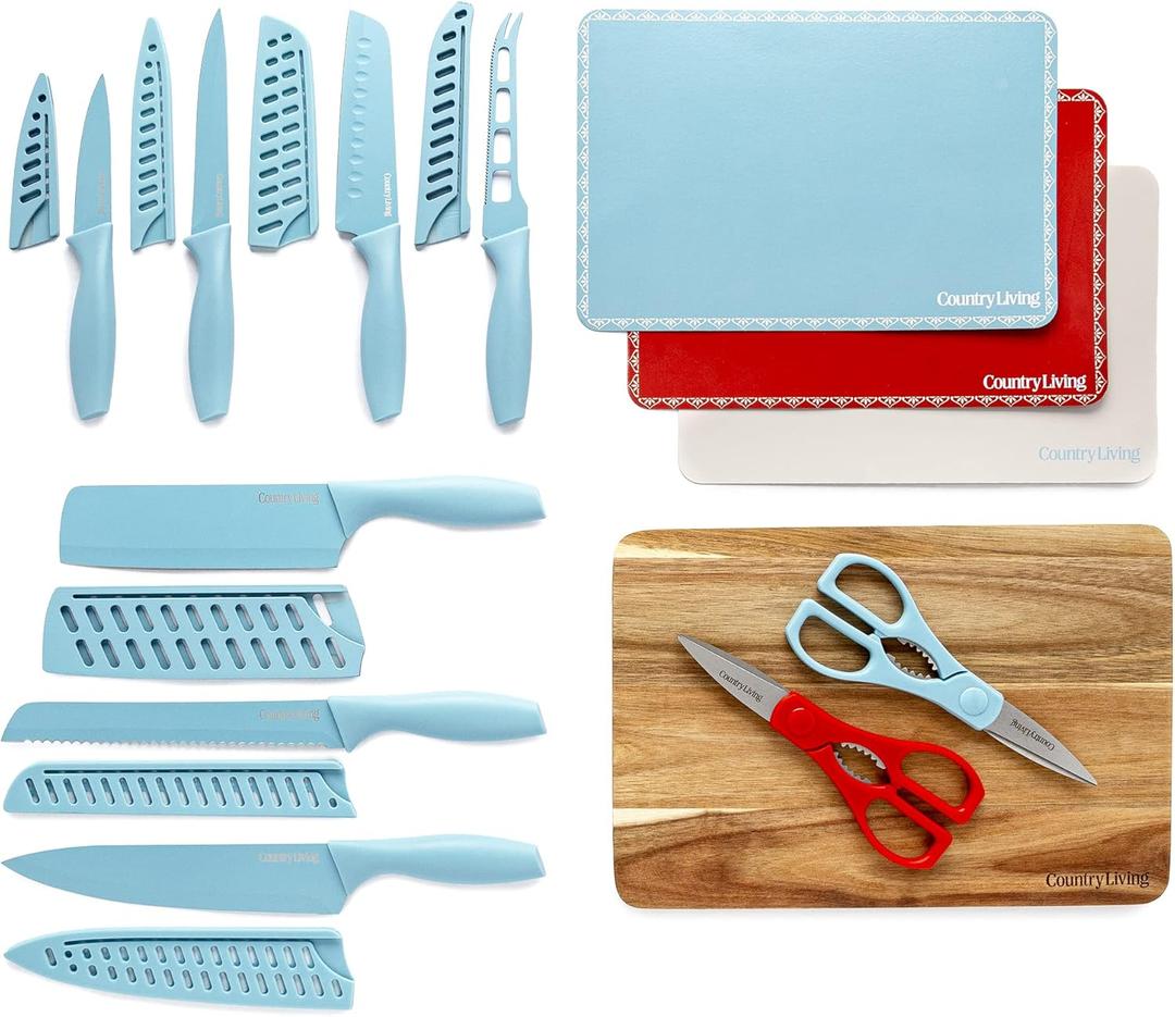 Country Living 20-Piece Kitchen Knife Quality Stainless-Steel Blades with Guards, Complete Set includes Knives, Shears, Acacia Cutting Board and Flexible Chopping Mats, Blue