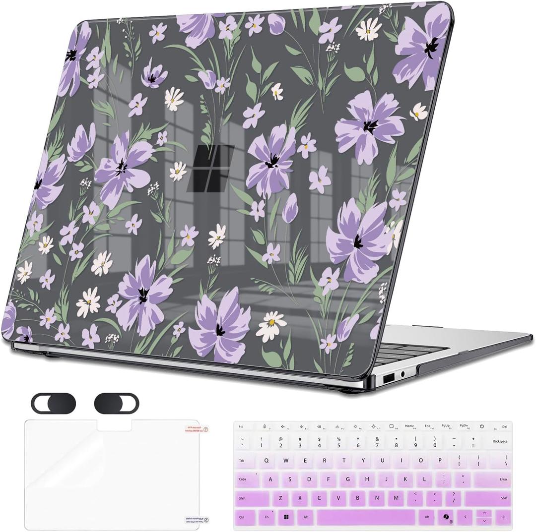 Case Compatible with 2025 Microsoft Surface Laptop 13 inch Windows 11 Copilot Touchscreen Display Model 2095, Plastic Pattern Hard Shell Case, Keyboard Cover, Screen Protector, Purple Florals