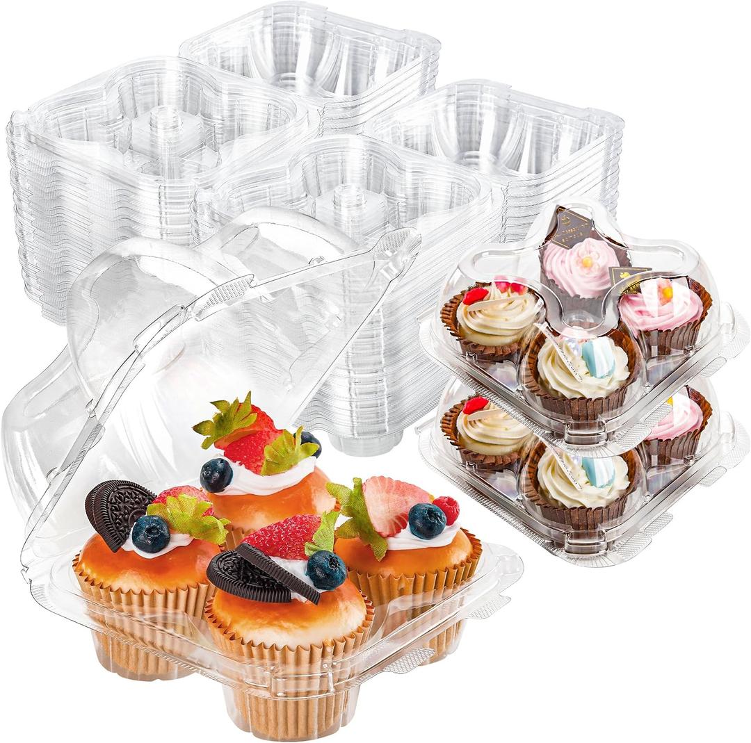 NPLUX 4 Compartment Cupcake Containers 60 Pack Cupcake Holder with Connected Airtight Lid Cupcake Boxes for 240 Cupcakes Muffins, BPA Free, Standard Size