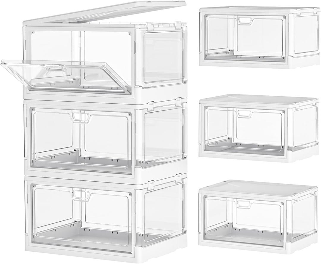 Kmiectse Clear Storage Bin with Lid 3 Pack Stackable & Sturdy Plastic Multifunctional Folding Storage Bins for Bedroom, Living Room, Study,Room, 23 QT Folding Box with Magnetic Door
