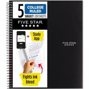 Five Star Spiral Notebook + Study App, 5 Subject, College Ruled Paper, 8-1/2" x 11", 200 Sheets, Fights Ink Bleed, Water Resistant Cover, Black (72081)