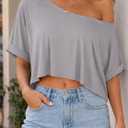 SOFIA'S CHOICE Women's Off Shoulder Crop Tops Loose Boat Neck Short Sleeve T Shirt Silver Gray (XL)