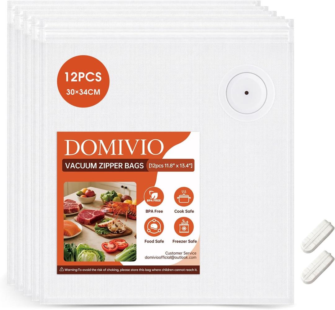 Reusable Vacuum Sealer Bags 12 Pack (11.8"x13.4") with 2 Clips, BPA-Free Vacuum Zipper Bags for Food Storage, Freezer & Sous Vide Cooking, Compatible with Food Saver Vacuum Sealers