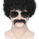 Linfairy Short 80's Costumes Men's Disco Dirt Bag Wig & Moustache Halloween Cosplay Costume Curly Black Wig