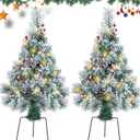 2.5FT Outdoor Pathway Christmas Tree Lighted Pre-Lit Snow Flocked Artificial Christmas Pine Trees Porch Small Xmas Tree Battery Lights with Red Berries, 8 Mode for Entrance,Grave (2PACK) (White)