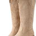 IUV Suede Cowboy Boots For Women Chunky Heel Pointed Toe Cowgirl Boots Mid Calf Western Embroidery Boots 9.5