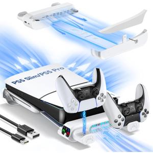PS5 Slim/Pro Horizontal Cooling Stand for Disc & Digital, Dual Controller Charger with 3-Level Cooling Fan, PS5 Stand for Pro & Slim Console (NOT Fit 2020 Regular Version) (White)
