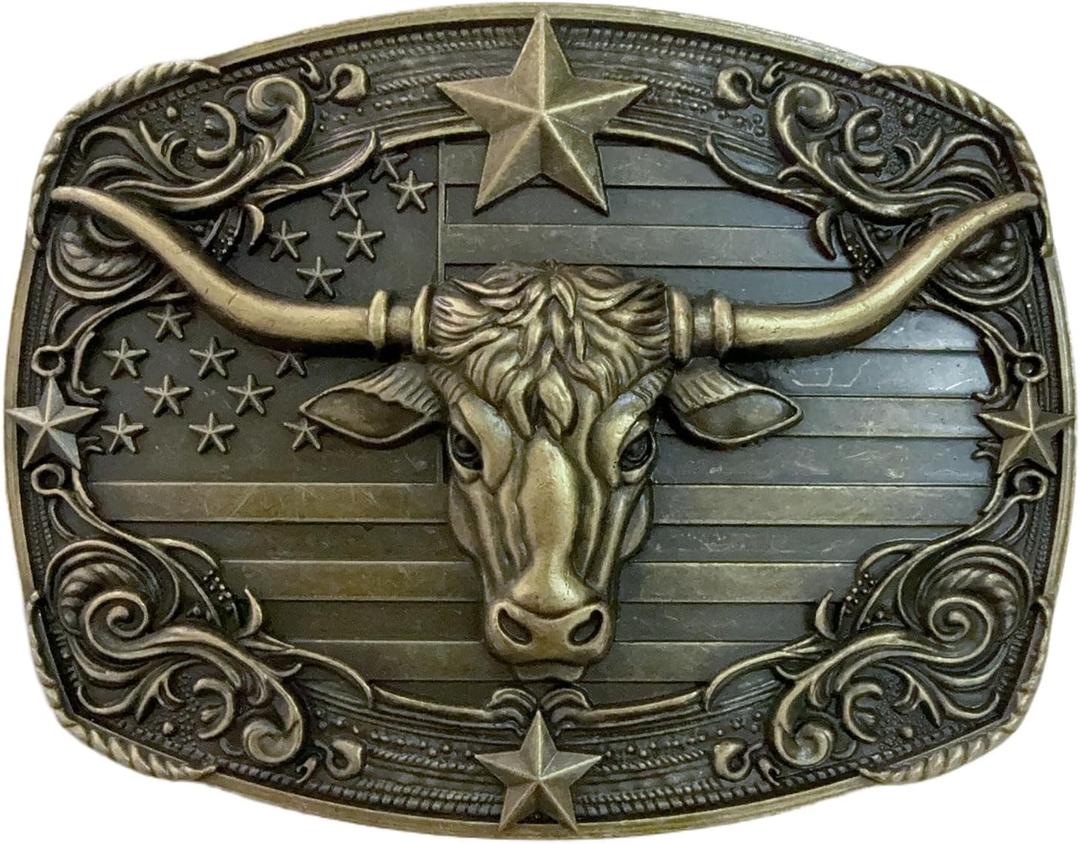 Western Belt Buckles for Men Cowboy Belt Buckle American Flag Belt Buckles Longhorn bull Gold