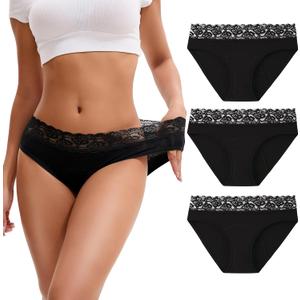 INNERSY Period Underwear for Women Cotton Lace Leakproof Menstrual Hipster Panties Bikini Briefs 3-Pack (Small, Solid Black)