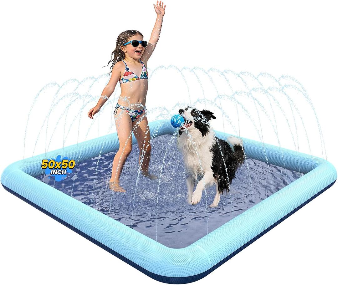 VISTOP Non-Slip Splash Pad for Kids and Dog, Thicken Sprinkler Pool Summer Outdoor Water Toys - Fun Backyard Fountain Play Mat for Baby Girls Boys Children or Pet Dog (50 * 50 inch, Blue&Blue)