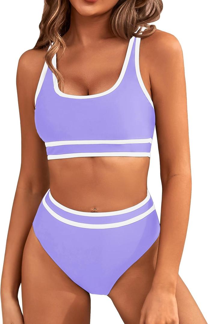 BMJL Women's High Waisted Bikini Sets Sporty Two Piece Swimsuits Color Block Cheeky High Cut Bathing Suits, Extra Large, Lavender Purple