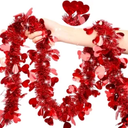Valentine's Day Heart Tinsel Garland - Red, Pink, and White Metallic Hanging Decorations for Home, Indoor, Outdoor, Wedding, Red