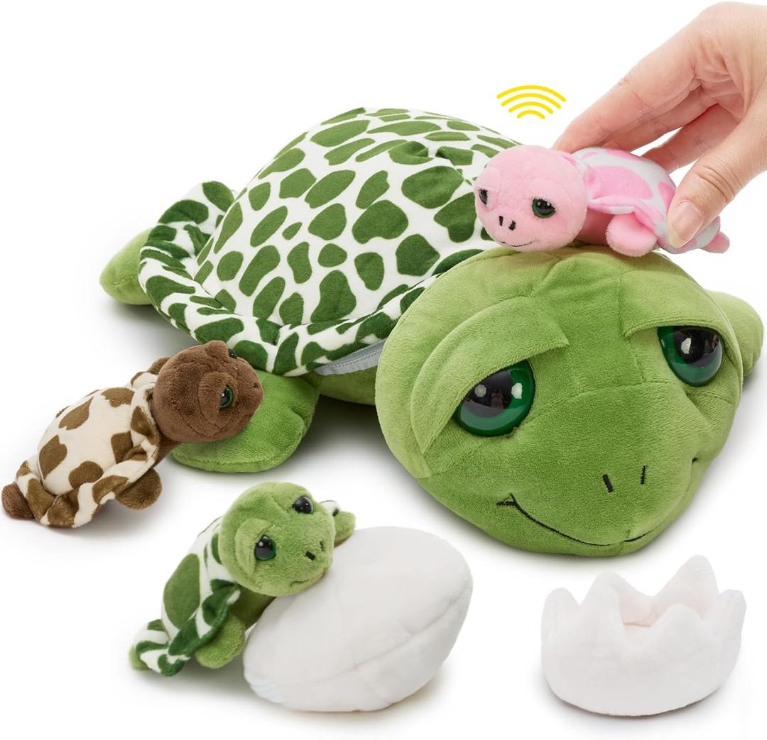 6Pcs Sound Turtle Plush Toy, 14" Talking Mother Turtle Stuffed Animal with 3 Baby Tortoise & 2 Eggs, Stuffed Educational Sea Creature for Kids, Ocean Plushies Gift for Birthday Christmas