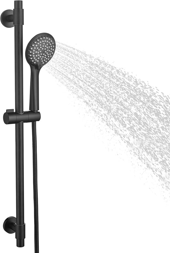Adjustable Shower Slide Bar with 5-Function Handheld Shower Head, Stainless Steel Grab Slide Bar Combo with Extra Hose (Matte Black)