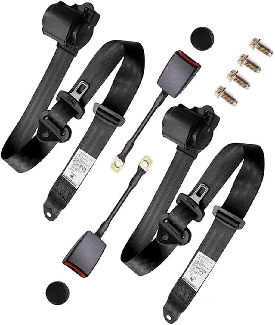 2 Pack 3 Point Seat Belt Universal Adjustable Retractable Lap Set for Go Kart, Club Golf Cart, UTV, VR, Minivan Van, SUV, Cars, Buggies, Pickup and Truck for Modification Belts Kits (Black)