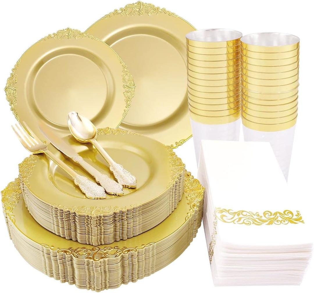 Morejoy 175PCS Solid Gold Plastic Plates with Gold Rim, Disposable Dinnerware Sets Include 25 Dinner Plates,25 Dessert Plates,25 Cutlery Sets,25Cups,25 Napkins Perfect for Party & Wedding