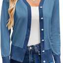 GRACE KARIN Womens Cardigan Sweaters Lightweight Long Sleeve Cropped Cardigan Fall Fashion Outfits Clothes Striped Shrug (Blue, XL)