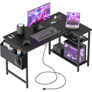 Small L Shaped Computer Desk with Power Outlets, Gaming Desk for Small Spaces, Corner Desk with Reversible Storage Shelves, Study Writing Table for Home Office (Socket, Black, 48 inch)