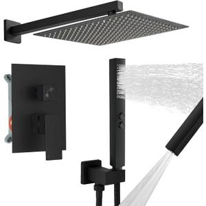 RUMOSE Matte Black Rainfall Shower System Fixture 12 Inch High Pressure Square Shower Head with 2 in 1 Handheld Spray Wall Mount Brass Bathroom Shower Faucet Set with cUPC Certified Rough-in Valve