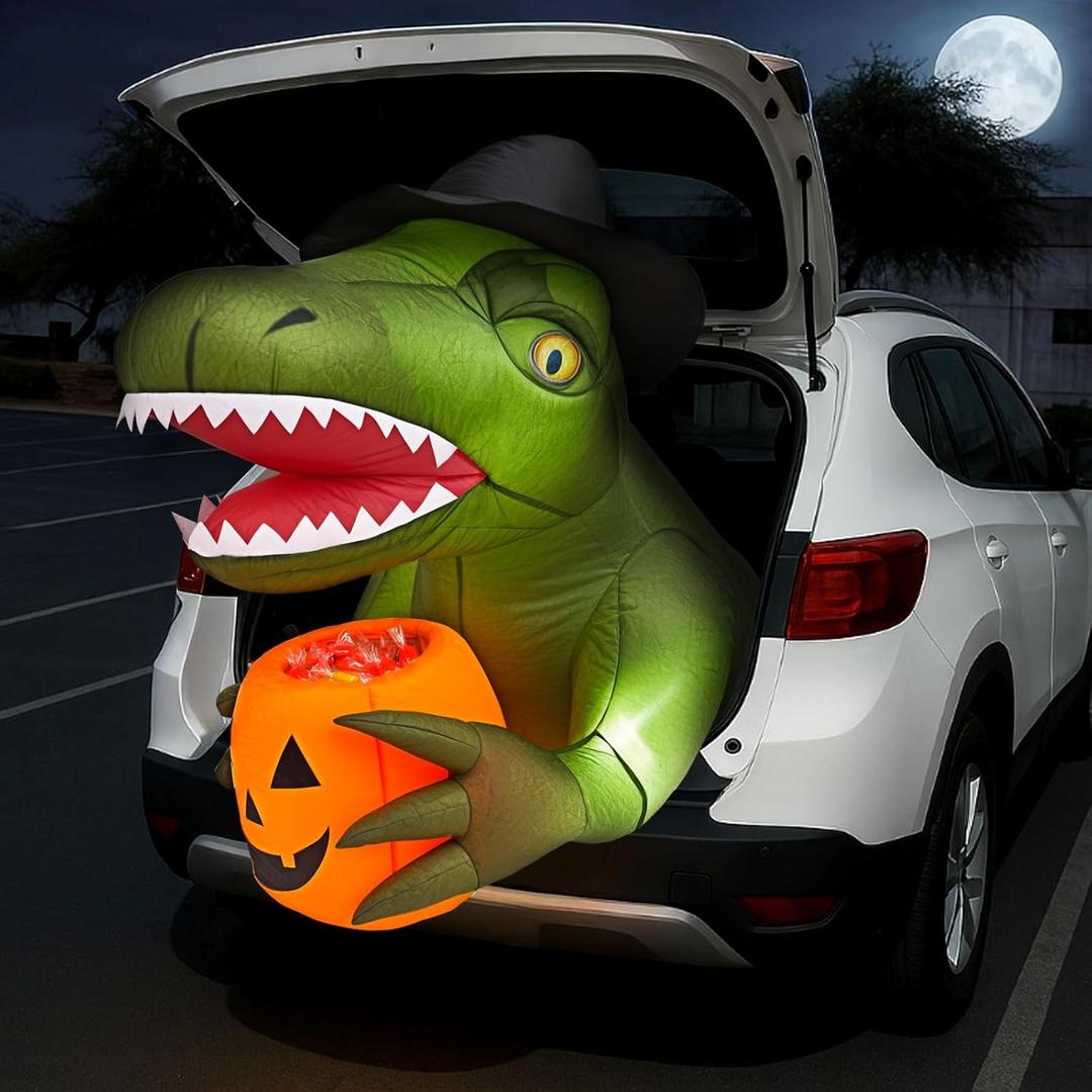 Minetom 3.44 FT Trunk or Treat Car Decorations Kit, Quick-Inflating Halloween Inflatable Outdoor Decorations, Blow-Up Animated Dinosaur Trunk Decor with 4 LEDs for Car, Halloween Outdoor Yard Decor