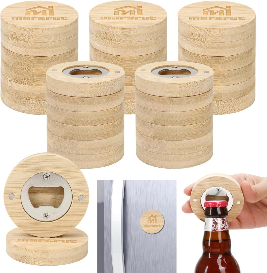 30pcs Bamboo Bottle Opener, Bulk Wooden Openers, 2.6" Fridge Magnetic Round Beer Opener Sticker for DIY Bar Decoration Refrigerator Coaster Gift Guest Lover Wedding Kitchens Home Parties, with Logo