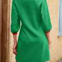 Wenrine Womens 3/4 Sleeve Mini Dress Casual V Neck Collared Textured Loose Fall A Line Argyle Dresses with Pockets (Green)