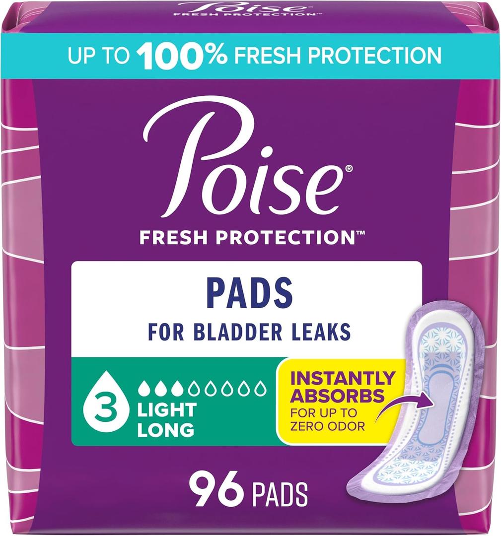 Poise Incontinence Pads & Postpartum Incontinence Pads, 3 Drop Light Absorbency, Long Length, 96 Count (4 Packs of 24)