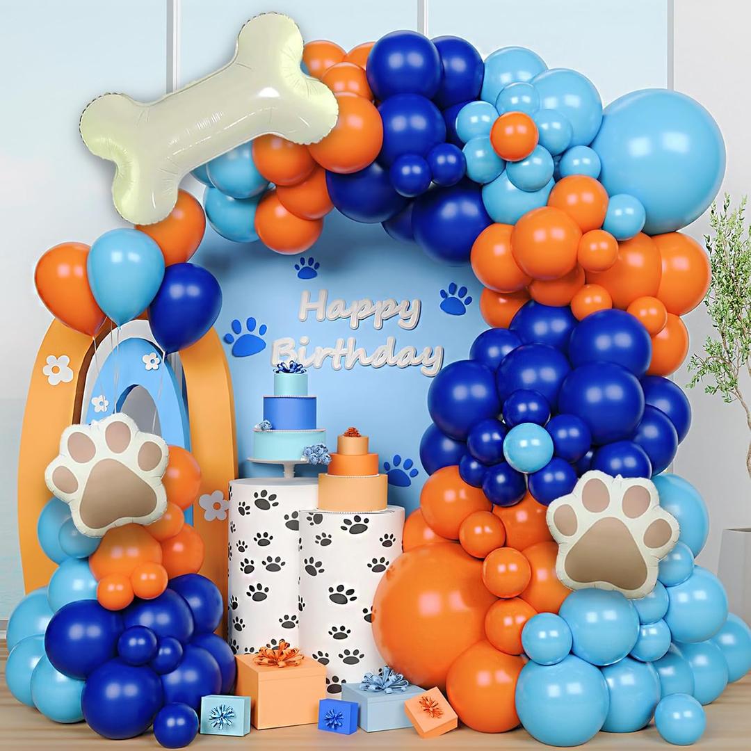 Orange Blue Balloons Arch Kit, Puppy Themed Navy Blue Ballon Garland Kit,Royal Latex Baloons Different Sizes,Bone Shaped Dog Paw Foil Balloon for Baby Shower Party Decorations