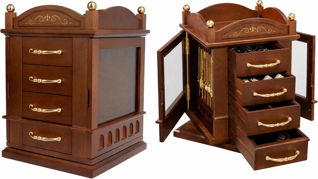 Vintage Jewelry Organizer with 360° Rotating Base, 4 Drawers & Glass Doors