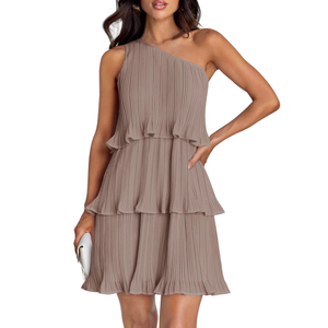 ZESICA ONE SHOULDER SLEEVELESS RUFFLE TIERED CHIFFON MINI DRESS (S, Light Khaki)
