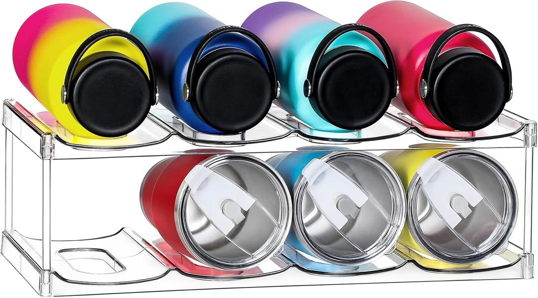 LARGER Compartment - 2 Tier Stackable Water Bottle Organizer Holder - for Stanley 40oz & Others' Large Tumbler - Clear Rack, 8 Cup Bottle Holder for Cabinet Home Countertop Fridge Pantry Shelf