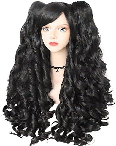 ANOGOL Hair Cap+ Black Cosplay Wig With Clip-on Ponytails Long Curly Wigs with Bangs for Halloween Costume Party Girls Women 2 Curly Pigtails Black Lolita Cosplay Wigs