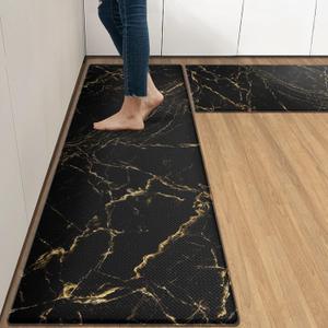 Arttown Anti-Fatigue Kitchen Rug Set of 2 Marble Black Gold Abstract Cushioned Floor Mat, Standing Waterproof Non-Slip Mat and PVC Ergonomic Comfort Foam Rug for Kitchen (17.3 x 47 inch + 17.3 x 29 in)
