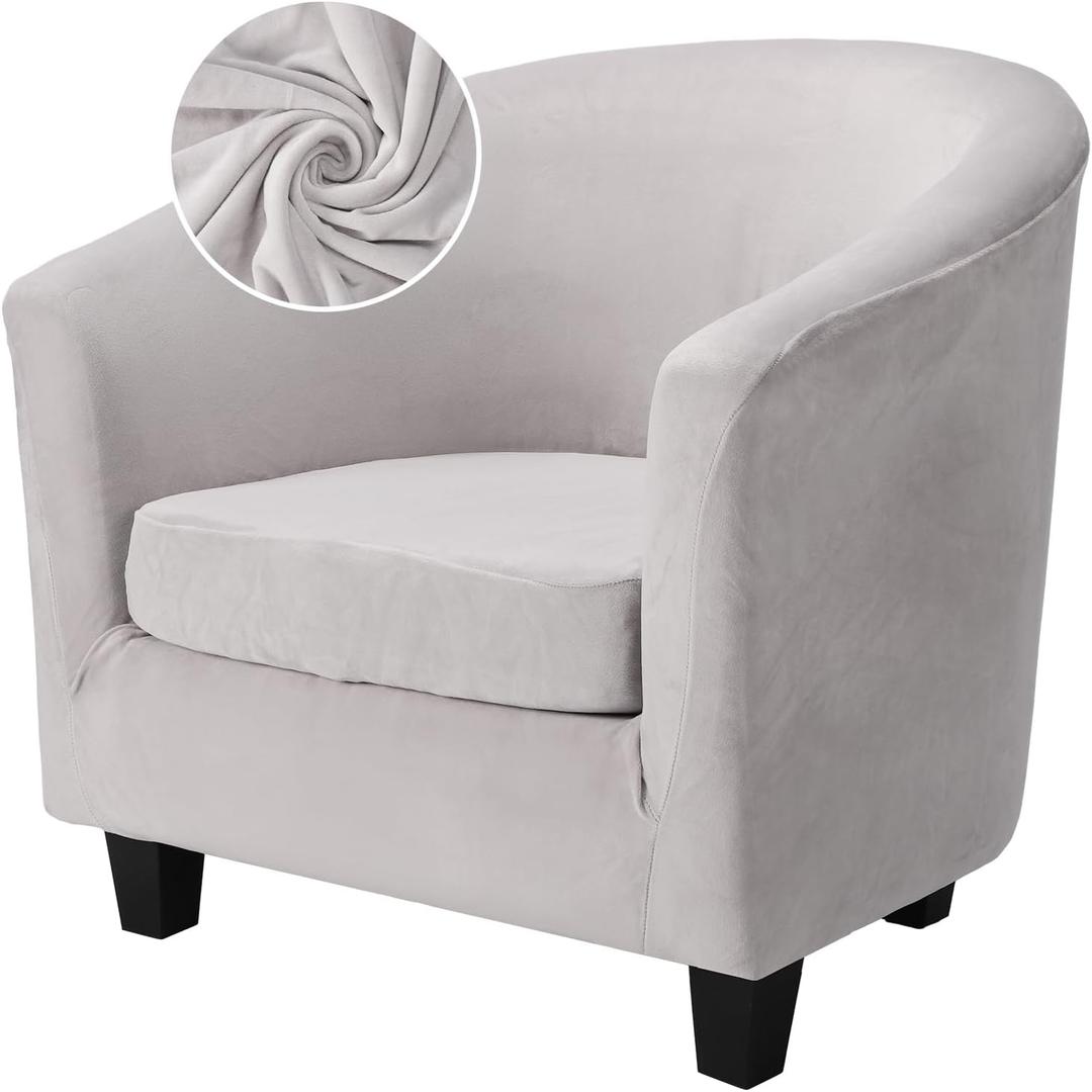 Barrel Chair Covers 2 Piece, Grey Club Tub Barrel Chair Slipcover with Cushion Cover, Soft Armchair Sofa Cover Stretch Furniture Protector with Elastic Bottom for Living Room Bar Hotel