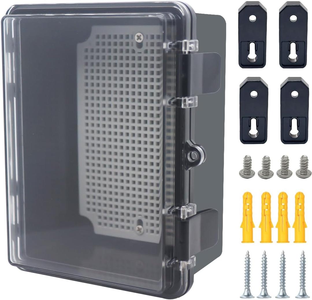 Junction Box, Hinged Black Clear Cover IP67 Waterproof ABS Project Box with Mounting Plate Electrical Box Enclosure with Wall Bracket 7.1 x 5.1 x 3.5inch(180x130x90mm)