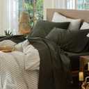MooMee Bedding Sheet Set 100% Washed Cotton Linen Like Textured Breathable Durable Soft Comfy (Solid Olive Green, Queen)