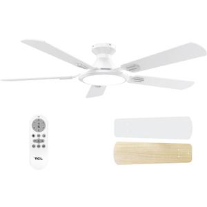 TCL Ceiling Fans with Lights, 52 Inch Low Profile Ceiling Fan with Light and Remote Control, Flush Mount, DC Reversible Motor, Noiseless, 6 Speeds Ceiling Fan for Bedroom (White)