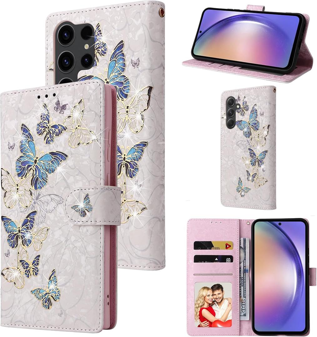 UEEBAI Wallet Case for Samsung Galaxy S23 Ultra 5G, PU Leather Phone Case Kickstand RFID Blocking Flip Case with Card Slots Wrist Strap Relief Engraved Magnetic Closure Folio Case - Blue Butterfly