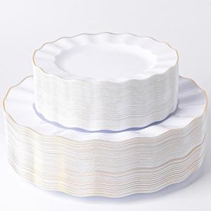 HIGH END 100 Pcs White Wave Plastic Plates with Gold Trim, Fancy Disposable Plate Sets Include 50 Dinner & 50 Dessert Plastic Plates, Elegant Disposable Plate Set For Party, Thanksgiving (50 Guests)